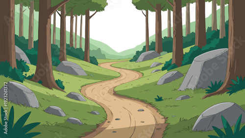 Winding dirt path through a lush green forest with tall trees and large grey rocks in a clean 2D vector cartoon style illustration.