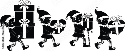 Black silhouette Christmas elves carrying gifts vector illustration, cute holiday helpers with presents and bows, festive seasonal characters isolated on white background