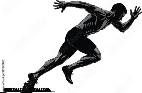 High-contrast black and grey illustration of a male sprinter exploding out of starting blocks in a powerful track and field start pose