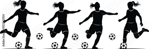 Black silhouette collection of four female soccer players kicking and striking the football, depicting women's sport, athletic action, competition, goal scoring, and dynamic