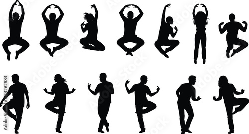 Black Silhouette Collection of People Dancing, Jumping, and Balancing in Dynamic Motion Poses, Including Men and Women Performing Modern Dance or Yoga Exercises on White Background