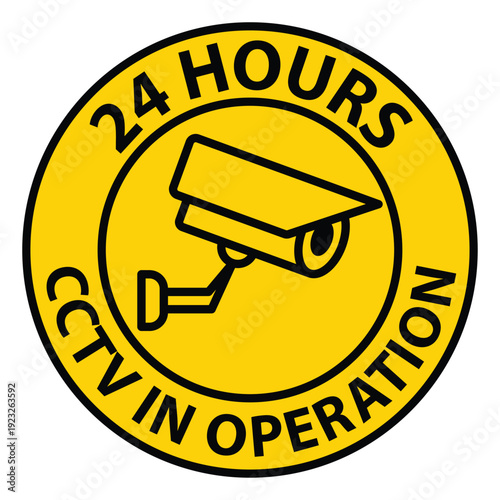 24 Hours CCTV Surveillance Sign Yellow Circular Design with Camera Icon