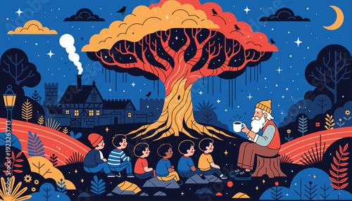Mystical gathering beneath the glowing cosmic tree in a dreamlike village at night Vector