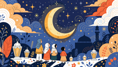 Celebrating a vibrant nighttime festival under a luminous moonlit sky Vector