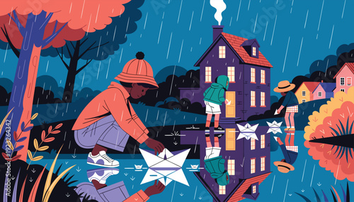 Whimsical scene of a child catching stars during a rainy evening by a quaint house Vector