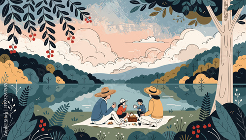 A serene autumn gathering by the tranquil lakeside forest Vector