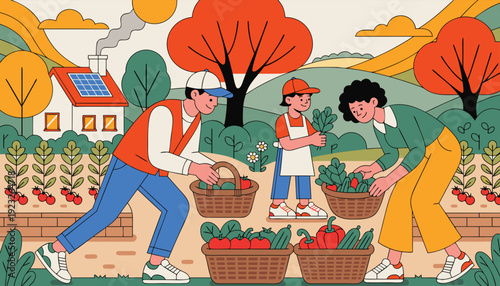 A vibrant scene of people harvesting fresh fruits and vegetables in a sunny autumn garden Vector