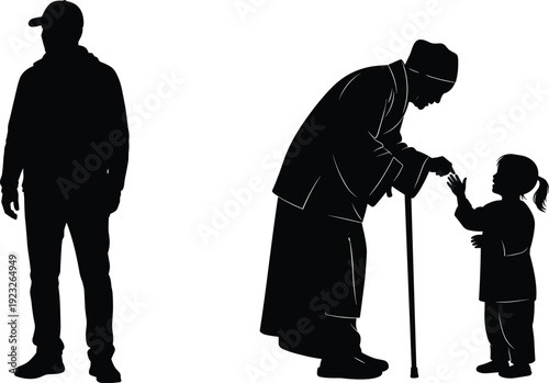 Black silhouette generational family figures vector illustration, elder with cane greeting child and adult man standing nearby, aging care and human connection concept isolated