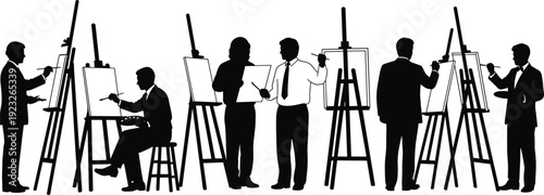 Black Silhouette Group of Artists Painting on Easels, Featuring Men Standing and Sitting with Brushes and Palettes, Representing Fine Art, Creativity, and Studio Workshop Vector