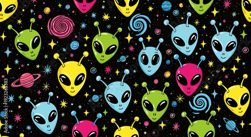 Colorful Alien Faces Pattern, Space Background, Cosmic Characters, Sci-Fi Fun