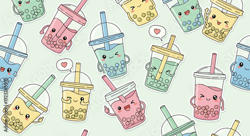 Cute Kawaii Boba Tea Drinks Pattern, Pastel Colors, Cartoon Style