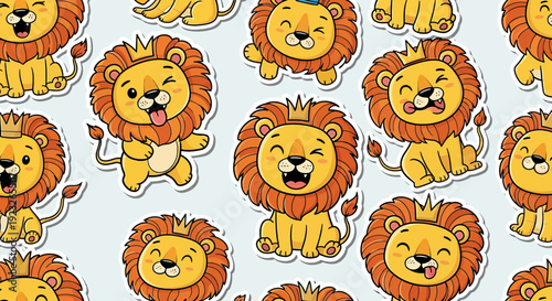 Cute cartoon lions with crowns, seamless pattern, funny animal stickers
