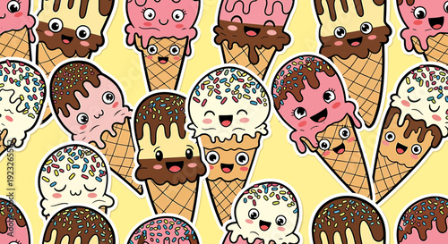 Cute Kawaii Ice Cream Cones Pattern, Cartoon Characters, Sweet Summer Treat
