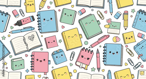 Cute Kawaii Stationery Pattern: Notebooks, Pens, Pencils, Erasers