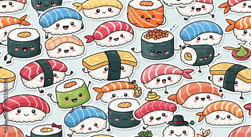 Cute Kawaii Sushi Characters Seamless Pattern