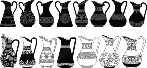 Black and white vector silhouette set of fifteen diverse ornate ceramic pitchers and decorative vases with intricate floral and geometric patterns for home decor branding