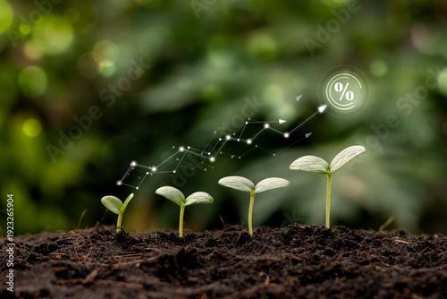 Conceptual image of business growth and sustainable investment. Glowing financial graph with an upward trend and a percentage symbol over green seedlings growing in soil, representing economic progres