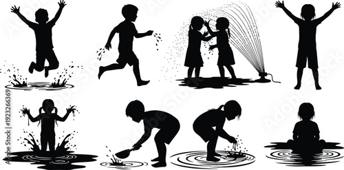 Black silhouette illustration of children playing with water, splashing and running outdoors, joyful summer childhood activities, playful lifestyle concept, puddle fun and sprinkler games
