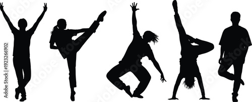   
Dance silhouette vector illustration, five human figures in dynamic poses expressing movement, energy, rhythm and artistic performance concept design