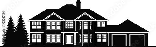 Black silhouette illustration of modern suburban family house with garage and trees, isolated on white background, symbol of real estate, residential architecture, home property, and housing  