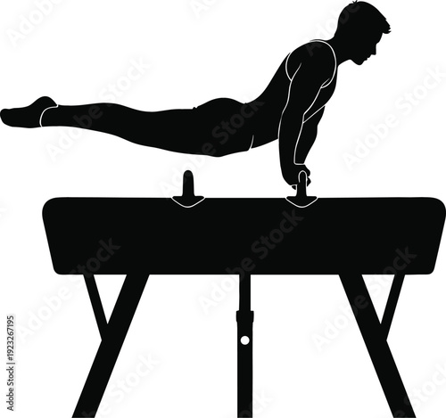 Black silhouette illustration of a male gymnast performing a precision planche strength hold on a pommel horse