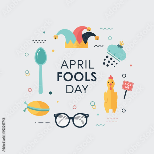 April Fools Day colorful illustration with prank icons