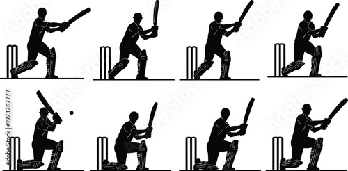 Black silhouette illustration of cricket batsman action sequence showing multiple batting poses, isolated on white background, concept for sports design, training, competition, and athletic motion.