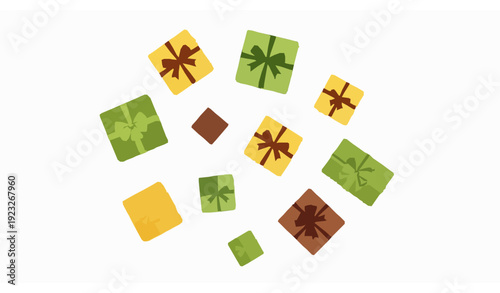Top View Green Yellow Brown Gift Box Collection with Ribbon Wrap Isolated on White Vector