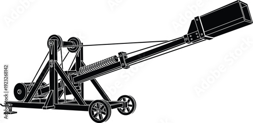 Black silhouette medieval catapult siege machine vector illustration, historic war engineering weapon with wheels and throwing arm, ancient military technology isolated on white