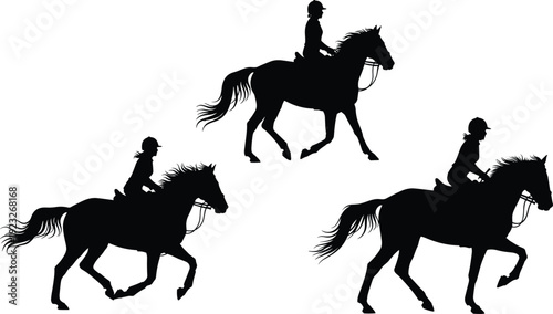 Vector black silhouette illustration of three women riding horses in different equestrian poses with helmets and saddles isolated on white background for sports design.