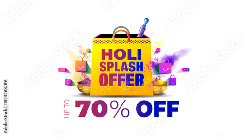 Colorful festive Holi background with Holi splash Sale 70% off logo and shopping bag vector illustration.
