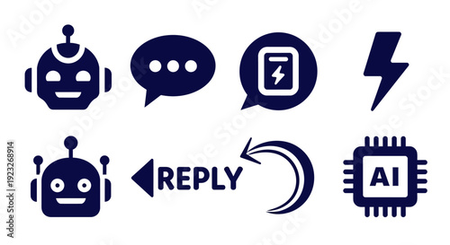 Vector illustration of chatbot icons and symbols for customer service and AI technology, including a robot, speech bubbles, and a mobile phone with a lightning bolt, on a white background.