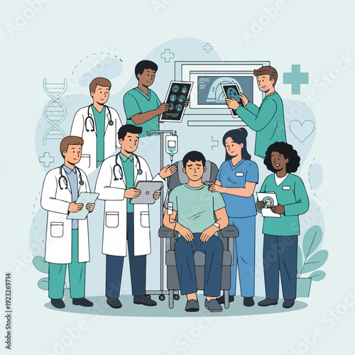 Diverse medical team attending to a patient in a clinic