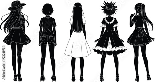 Black vector silhouette set of diverse anime girl characters from back view wearing different fashion outfits for manga cosplay and youthful lifestyle branding