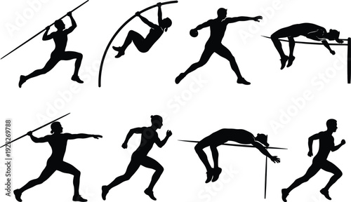 Track and Field Athletics Silhouettes Set Featuring Javelin Throw, Pole Vault, High Jump, Sprint Running and Competitive Sports Action Illustration Collection