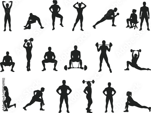 Fitness exercise silhouettes, workout poses, squats, lunges, stretching, dumbbell lifts, barbell training, strength, conditioning, aerobic, gym, health, physical activity icons