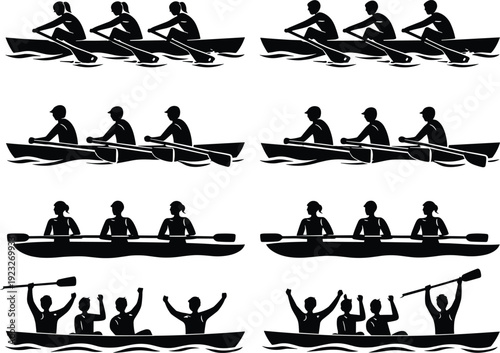 Rowing Team Silhouettes Collection Featuring Kayaking, Canoeing, Competitive Crew Racing and Paddling Athletes in Water Sports Action Illustration Set
