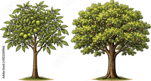 Realistic green fruit trees isolated on white background, detailed botanical illustration of healthy orchard plants with lush foliage, natural landscaping design element