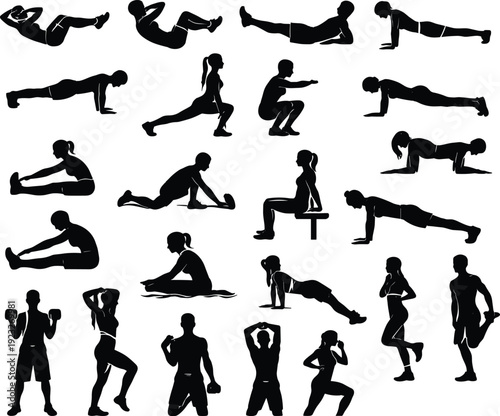 Fitness Workout Silhouettes Collection Featuring Men and Women Exercising with Bodyweight Training, Stretching, Squats, Push Ups, Sit Ups and Strength Exercises Illustration