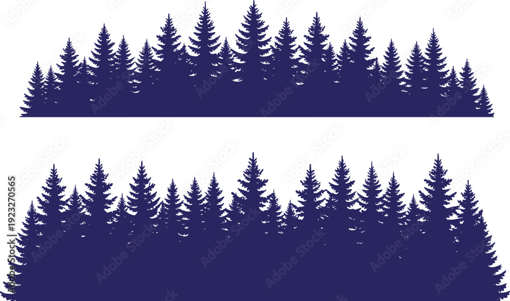 Obraz premium Dark blue conifer tree line silhouette vector illustration featuring forest rows, decorative design, isolated background, perfect for stock content discoverability