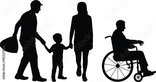 Family walking together silhouette with wheelchair user, disability support, caregiving concept, inclusion love, parenting care lifestyle illustration