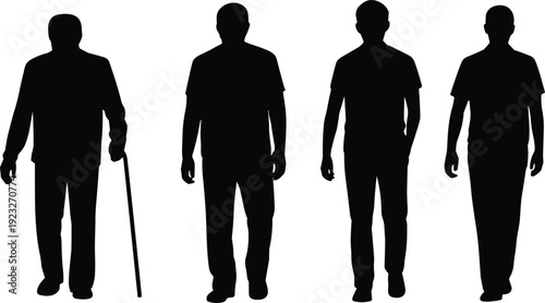Human aging silhouettes set, elderly man with cane to young adult stages, isolated on white background, life cycle people concept