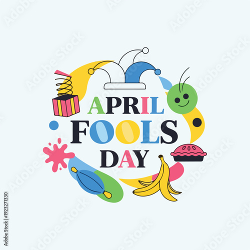 April Fools Day colorful illustration with prank icons