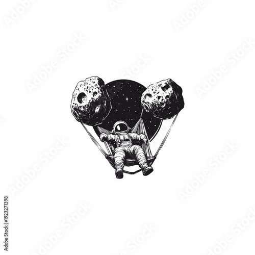 illustration of an astronaut relaxing in a hammock floating in outer space, surrounded by stars and asteroids