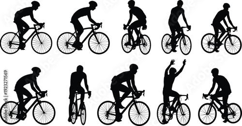 Road cycling silhouettes set, professional bicycle riders in multiple poses, isolated on white background, sport fitness people collection