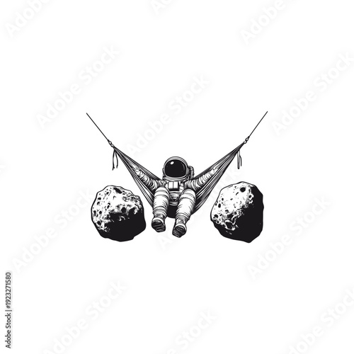 illustration of an astronaut relaxing in a hammock floating in outer space, surrounded by stars and asteroids