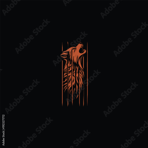 Hand-drawn illustration of a howling wolf trapped behind metal cage bars