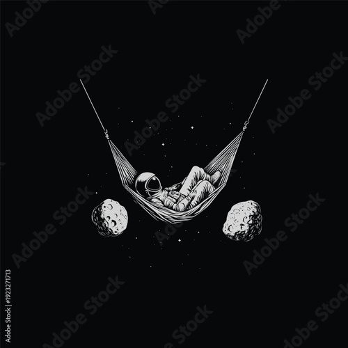 illustration of an astronaut relaxing in a hammock floating in outer space, surrounded by stars and asteroids