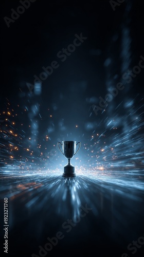 Glowing trophy in a trading tournament with abstract market energy, data flow, light trails, and dynamic particles symbolizing speed and professional competition.