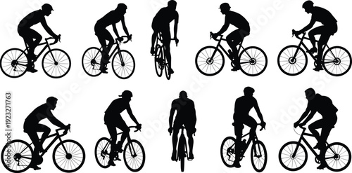 Road cyclist silhouettes set, professional bicycle riders in motion, isolated on white background, cycling sport fitness people collection design illustration